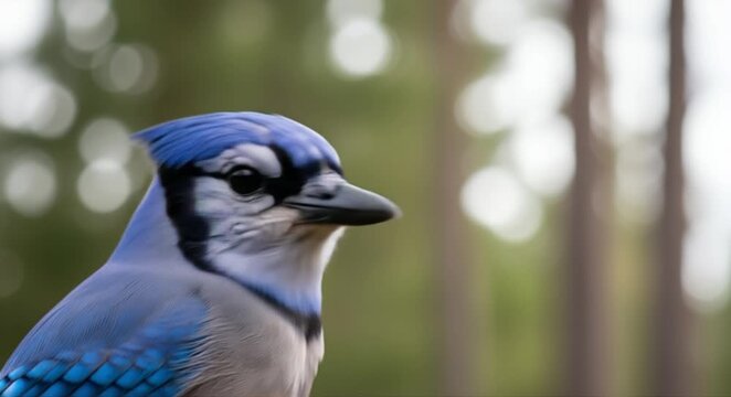 Vibrant blue jay perched in natural habitat, a captivating glimpse of wildlife in motion, perfect for nature documentaries or educational videos