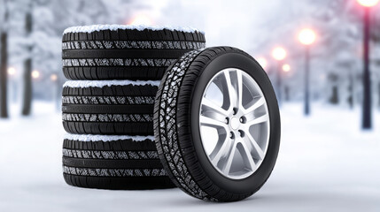 Stack of winter tires with intricate tread patterns, showcasing durability and performance, set against a snowy landscape with soft bokeh lights in the background