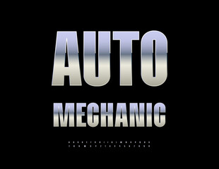 Vector Silver logo Auto Mechanic. industrial Metallic Font. Digital Steel Alphabet Letters and Numbers set.