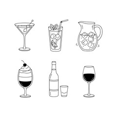 Elegant assortment of classic cocktail sketches for bar menus, party invitations, or stylish restaurant decor. Refreshing drink illustrations, vector origin