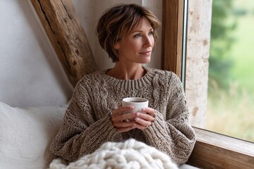Middle-aged woman enjoying spiced tea by the cozy window
