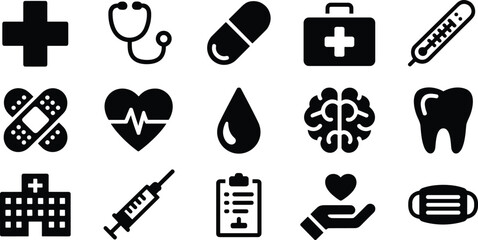 Medical and Healthcare Icon Set – Vector Symbols of Medicine, First Aid, and Health Tools