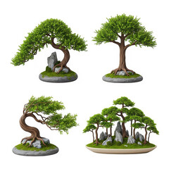 Collection of bonsai trees isolated on transparent background, showcasing miniature art
