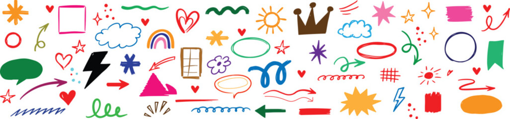 Vector illustration colorful Line hand drawn brush marker underline star element color kid set. Hand drawn sketch marker underline shape, arrow, star scribble brush pen stroke highlight element