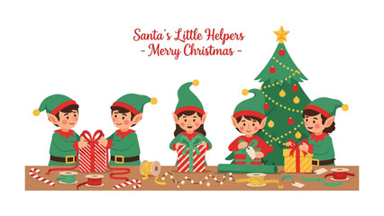 Christmas Elf Workshop: A vibrant illustration depicts Santa's little helpers busily preparing for Christmas, crafting presents with cheerful energy.