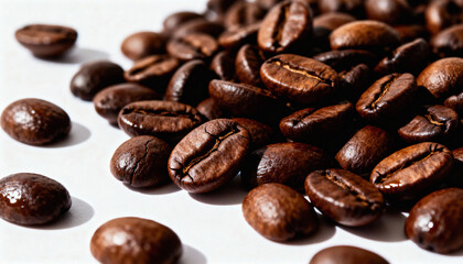Close-up of Dark Coffee Beans Spilled on White Background
