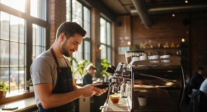 Barista preparing coffee while using smartphone in trendy cafe with urban decor and natural light