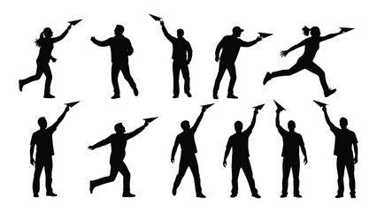 Dynamic paper airplane silhouettes isolated on white background, Vector