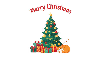 Festive Season Greeting: A joyful Christmas illustration features a decorated Christmas tree with ornaments, gifts and a sleeping cat, radiating a festive aura with a 'Merry Christmas' message.