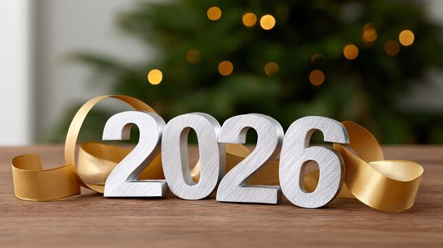 Metallic 2026 numbers with golden ribbon for New Year celebration