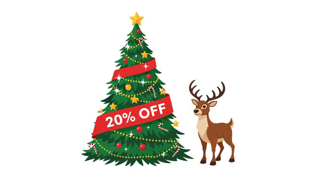 Christmas Discount Extravaganza: A festive illustration of a decorated Christmas tree with a prominent 20% OFF banner, accompanied by a charming reindeer.