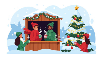 Winter Market Festivity: Cozy scene of people enjoying warm drinks at a winter market stall, surrounded by festive decorations and snow.Capturing a magical winter day's atmosphere.
