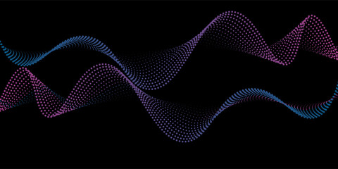 Flowing dots particles wave pattern pink and blue isolated on black, background. Vector in concept of technology, science, music, modern.