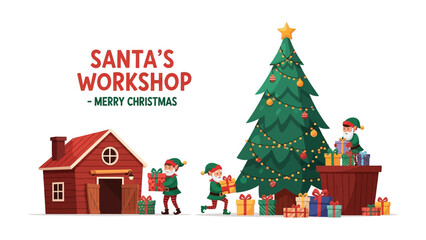 Santa's Workshop Merry Christmas: A cheerful illustration of Santa's workshop at Christmas, showing a decorated Christmas tree, a house and elves.