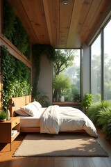 AI Generative. Luxury Biophilic Bedroom Interior with Panoramic Nature View and Wood Accents. 1