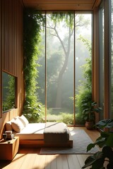 AI Generative. Luxury Biophilic Bedroom Interior with Panoramic Nature View and Wood Accents. 2