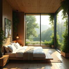 AI Generative. Luxury Biophilic Bedroom Interior with Panoramic Nature View and Wood Accents. 3