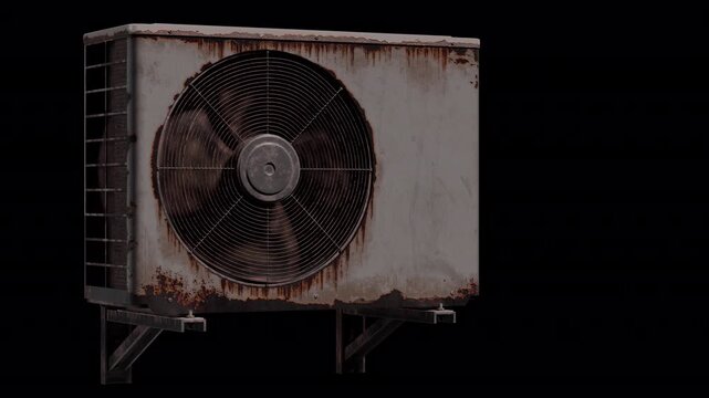 The old AC compressor is working, and stops at the end. A weathered outdoor air conditioner shows heavy rust along the edges, a large circular fan grille, and sturdy mounting brackets.