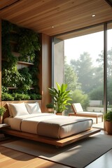 AI Generative. Luxury Biophilic Bedroom Interior with Panoramic Nature View and Wood Accents. 7