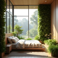 AI Generative. Luxury Biophilic Bedroom Interior with Panoramic Nature View and Wood Accents. 8