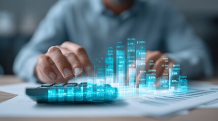 Hands are working with a calculator amidst financial documents, while vibrant digital charts depict growth and trends in banking and accounting. The scene captures a modern approach to finance