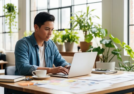 Young man working on laptop at modern workspace with greenery and creative materials