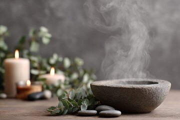 Herbal steam rising from a bowl in a cozy winter spa setting