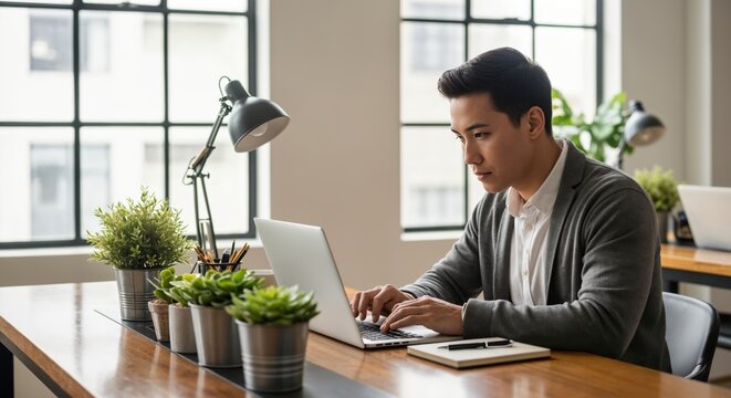 Young man working on laptop at modern office desk with plants and bright window light