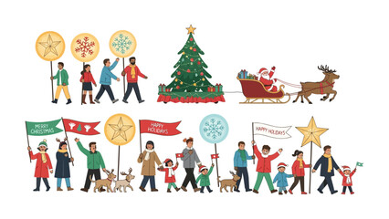 Naklejka premium Joyful Christmas March: A cheerful scene of diverse people joyfully marching, carrying festive signs and banners, with a decorated tree and santa.