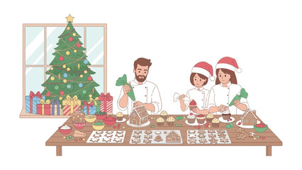 Festive Culinary Creations: A cheerful trio meticulously decorates holiday treats, with a festive Christmas tree and wrapped gifts adding to the joyful ambiance.
