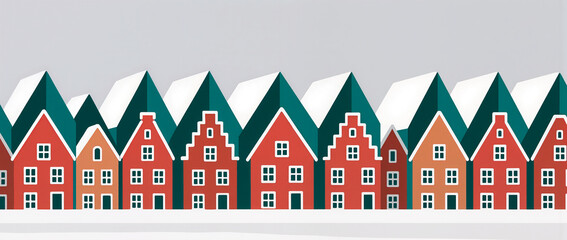 Colorful houses with snowy roofs in a winter landscape scene