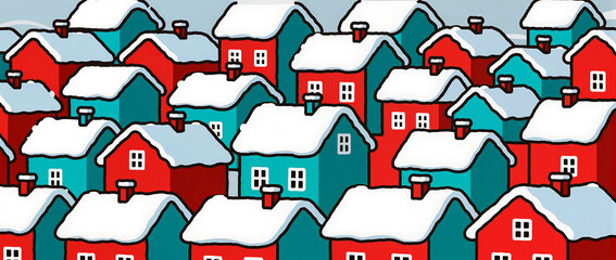 Winter wonderland of colorful houses covered in snow