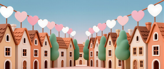 Charming neighborhood with festive heart decorations