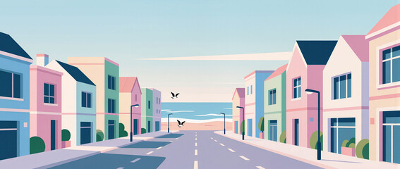 Colorful coastal street lined with pastel homes near tranquil ocean
