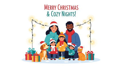 Cozy Christmas Gathering: A heartwarming illustration of a family surrounded by holiday cheer, snow and warm smiles, with Christmas gifts and lights, capturing the spirit of togetherness and joy. 