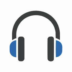 Minimalist Vector Headphone Icon. Solid Grey and Blue Colors on White Background.