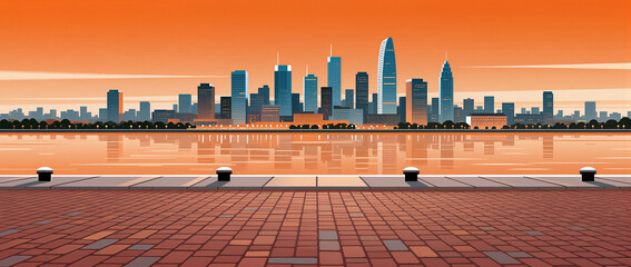 City skyline at sunset with vibrant orange sky and calm water