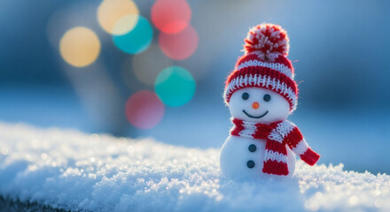 Fototapeta premium Snowman in Red Hat Playing and Throwing Snow in a Winter Forest v2
