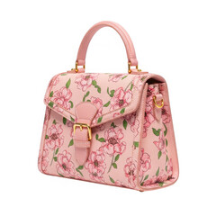 Floral print satchel handbag with top handle isolated on transparent background