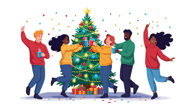 Festive Gathering: Friends joyously celebrate a holiday, adorned with decorative lights, and colorful confetti and sparkling stars, the warm lighting adds to the celebratory mood