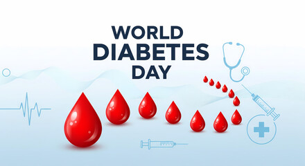 World diabetes day poster with blood drops and medical tools isolated on white background