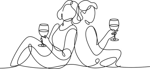 Continuous line art of a couple or friends enjoying wine together. minimalist drawing of two people with glasses celebrating, back to back, vector.