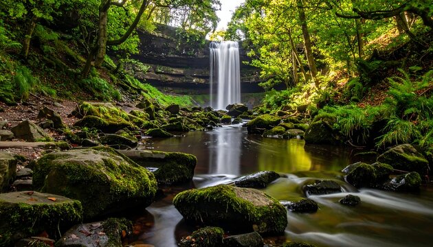 Long exposure of a waterfall cascading into a calm river