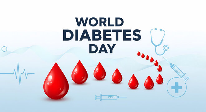 World diabetes day poster with blood drops and medical tools isolated on white background - Powered by Adobe