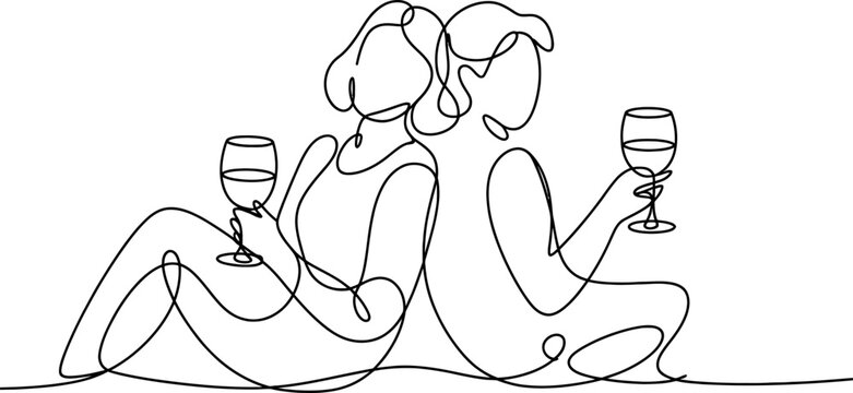 Continuous line art of a couple or friends enjoying wine together. minimalist drawing of two people with glasses celebrating, back to back, vector.