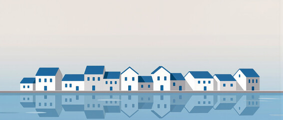 Colorful houses reflecting on calm water in a serene landscape