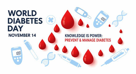 World diabetes day poster with blood drops and medical equipment isolated on white background