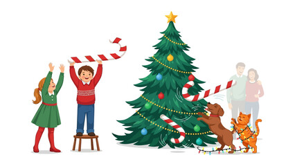 Christmas Cheer: Family Gathered Decorating the Festive Tree, Embracing the Joyful Holiday Spirit