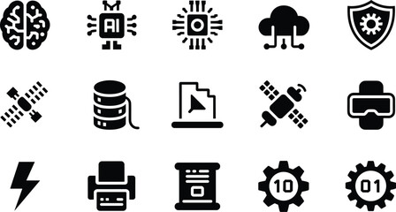 Technology and AI Icon Set – Vector Symbols for Artificial Intelligence, Data, Cloud Computing, and Cybersecurity