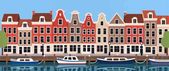 Colorful buildings lining a serene waterway in a picturesque town